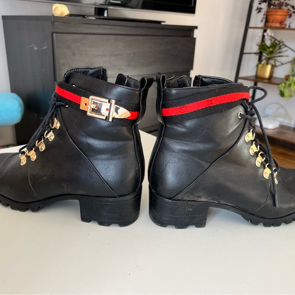 Black heeled boots with red and gold accents - Picture 2 of 3
